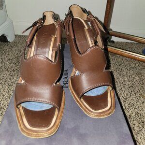Prada brown leather slingback sandals with a block heel